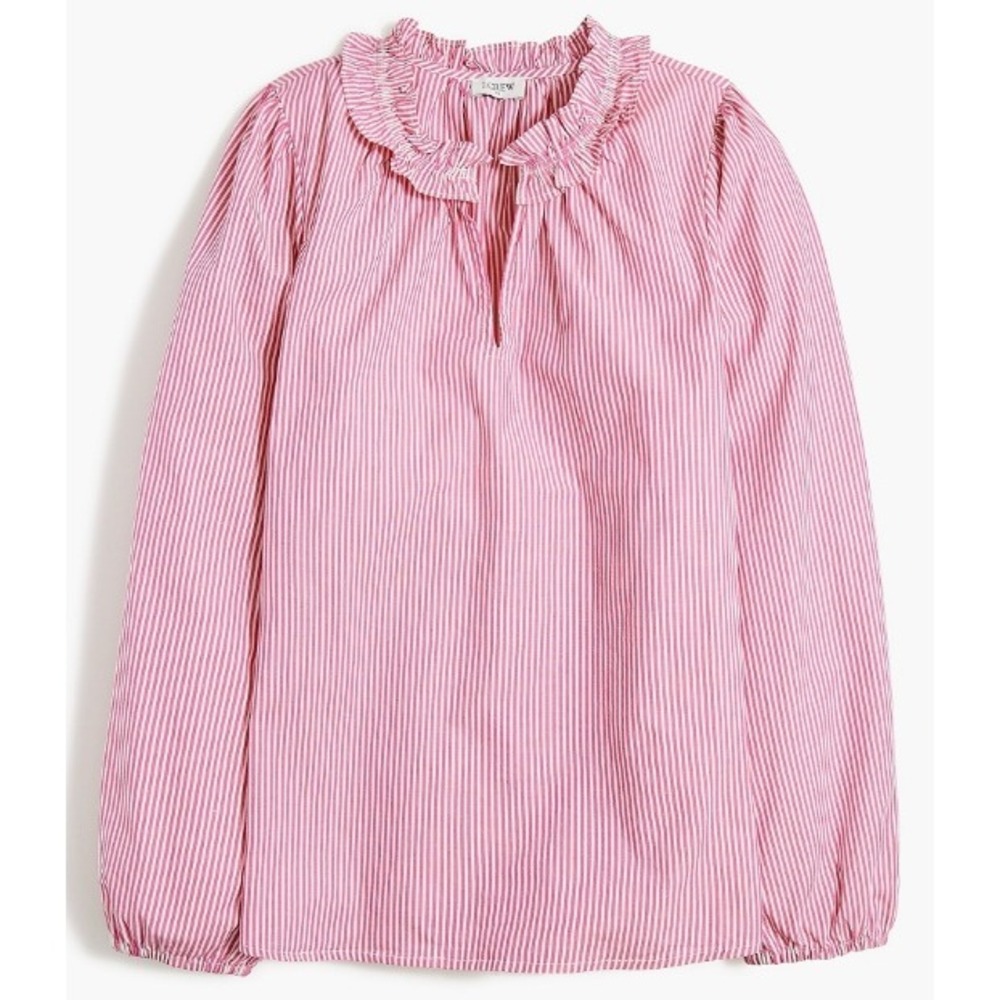 J.Crew Factory Ruffle Split Neck Blouse Pink Striped Pullover Long Sleeve Size L
